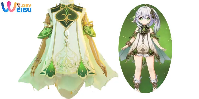 Trang phục Nahida cosplay là một chiếc váy ngắn nữ tính kết hợp màu trắng, vàng và xanh lá cây với nhiều họa tiết đặc biệt